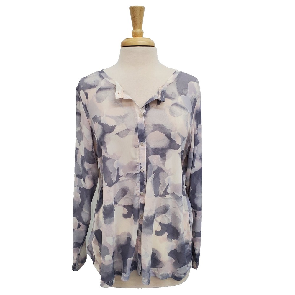 LOGO Lori Goldstein‎ Watercolor Mesh Blouse Womens L Sheer Button Front Top